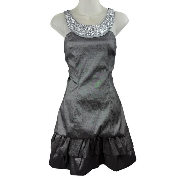 Y2K TABOO USA silver taffeta mini dress with bling collar - Picture 8 of 9